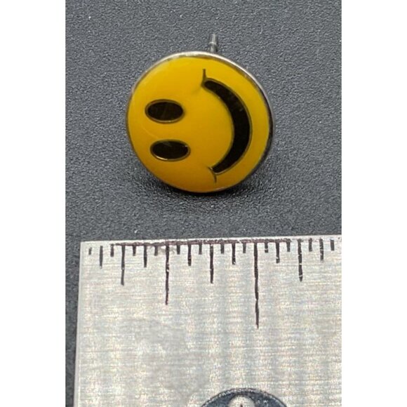 Single Happy Face Earring Pierced Ears Yellow & Black .5" Enamel Gold Tone Metal - Picture 3 of 3
